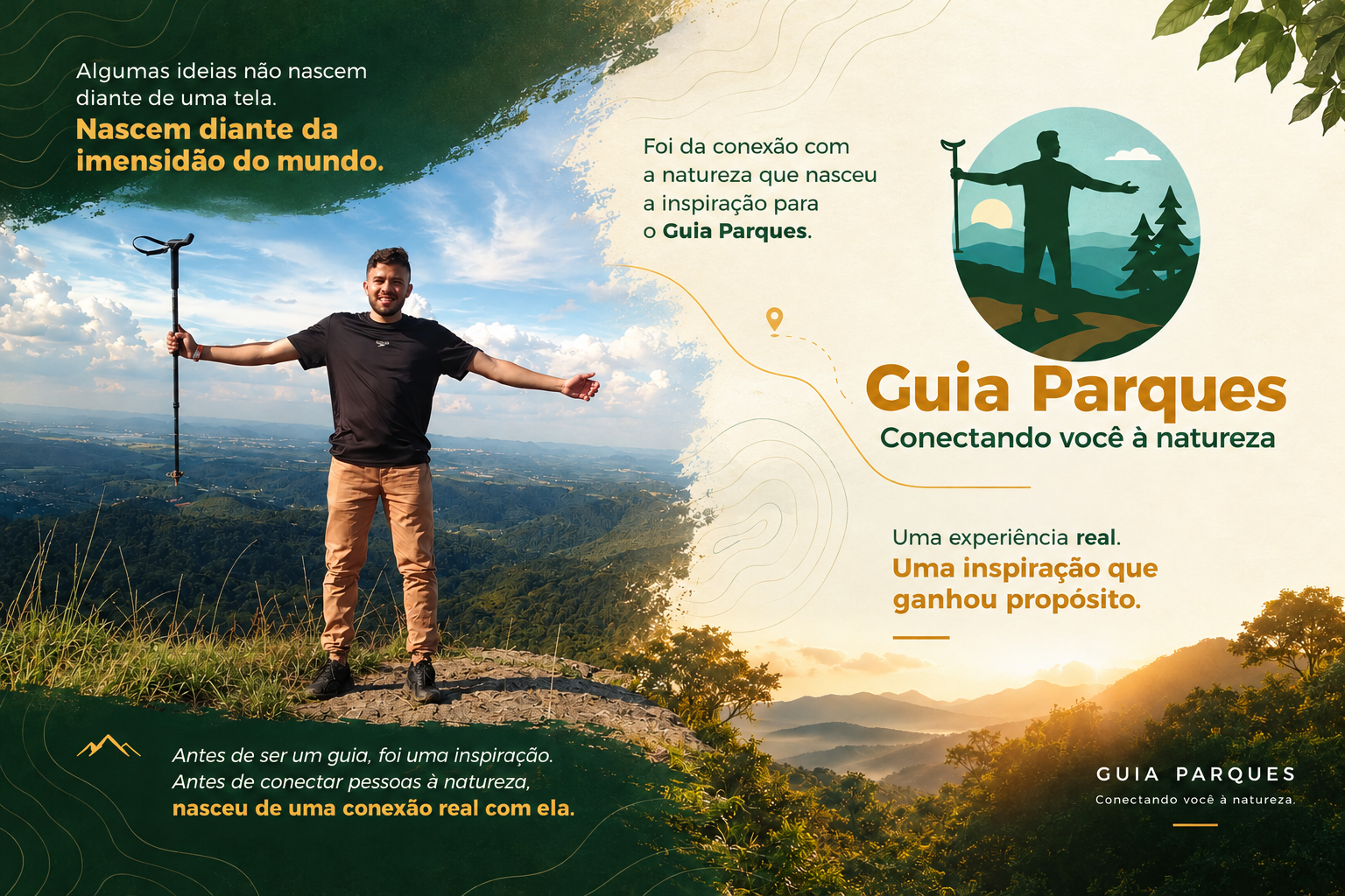 Gabriel no topo de uma montanha, com braços abertos diante da imensidão da natureza — a cena que inspirou o Guia Parques